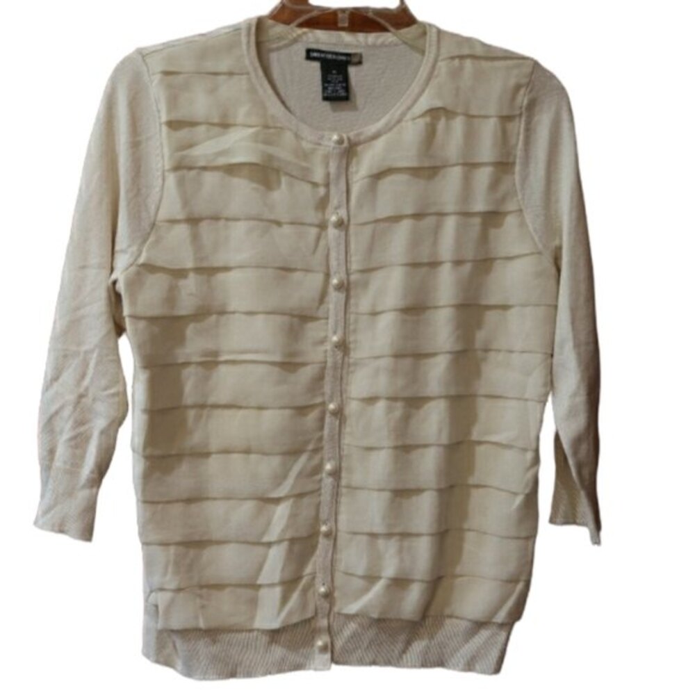 Sweaterworks Cream Pleated Pearl Button Rayon Cardigan Top Medium Elegant Vintag